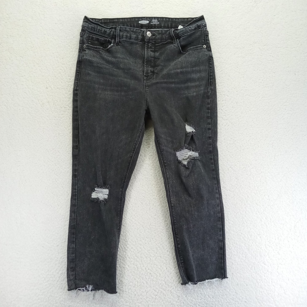 Old Navy Rockstar‎ Super Skinny High Rise Jeans Black Distressed Raw Hem Size 14